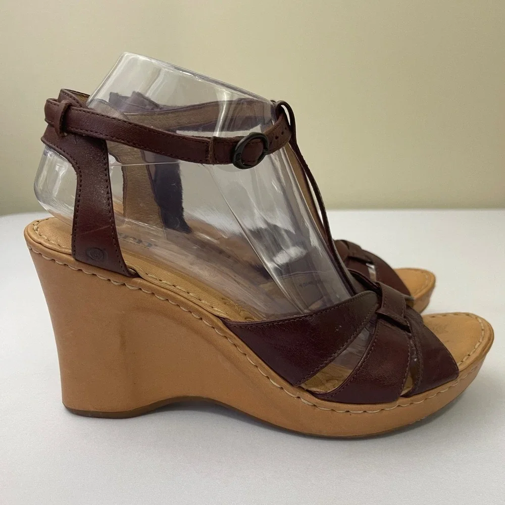 Born‎ Womens Leather T Strap Wedge Sandals Brown Size 10/42 Robin Cliff Side